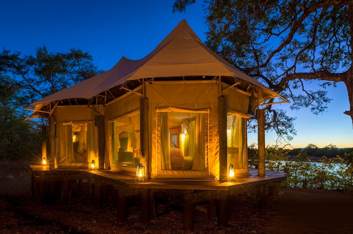 Exterior of the tent lit up Chindeni