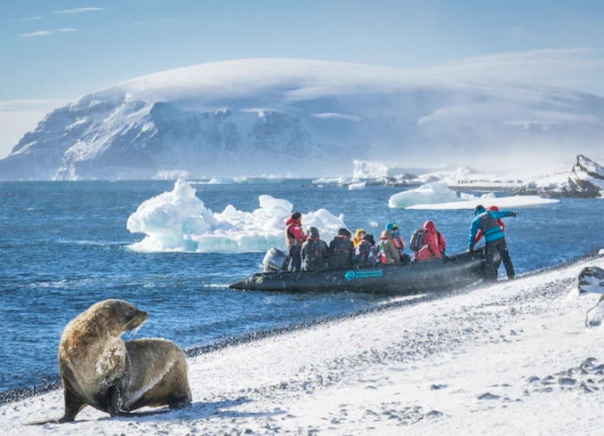 Fur seal and Zodiac, Oceanwide Expeditions, Antarctica